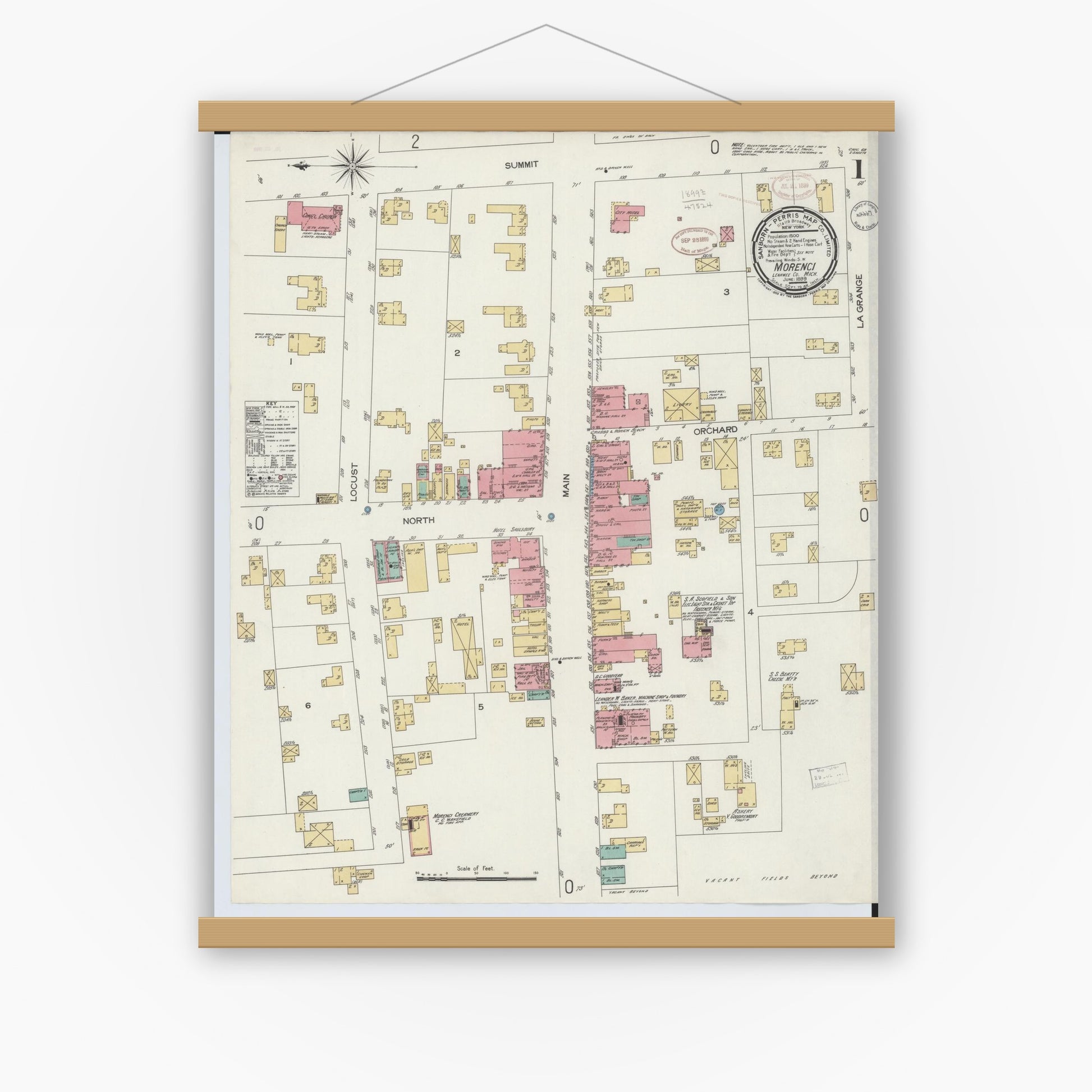 Old map wall art mockup — magnetic wood frame on white wall — Sanborn Fire Insurance Map from Morenci, Lenawee County, Michigan (1899) - Complete Map Set