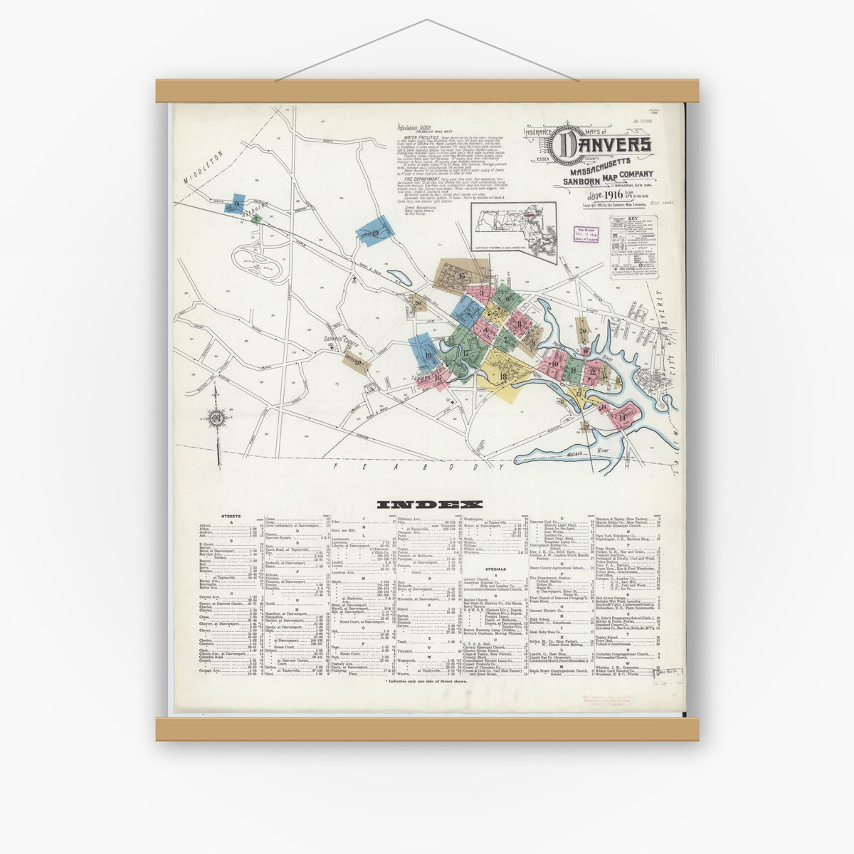 Old map wall art mockup — magnetic wood frame on white wall — Sanborn Fire Insurance Map from Danvers, Essex County, Massachusetts (1916), Sheet #0001