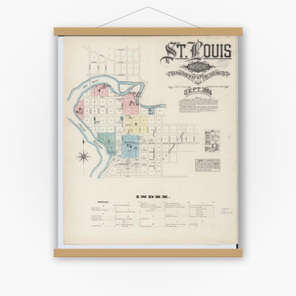 Old map wall art mockup — magnetic wood frame on white wall — Sanborn Fire Insurance Map from Saint Louis, Gratiot County, Michigan (1884) - Complete Map Set