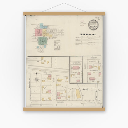 Old map wall art mockup — magnetic wood frame on white wall — Sanborn Fire Insurance Map from Red Bud, Randolph County, Illinois (1894) - Complete Map Set