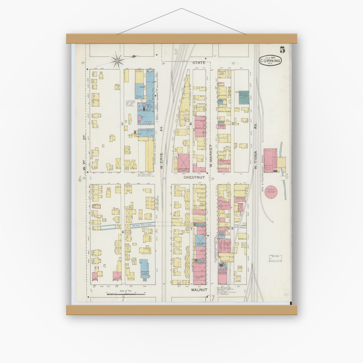 Old map wall art mockup — magnetic wood frame on white wall — Sanborn Fire Insurance Map from Corning, Steuben County, New York (1893), Sheet #0005