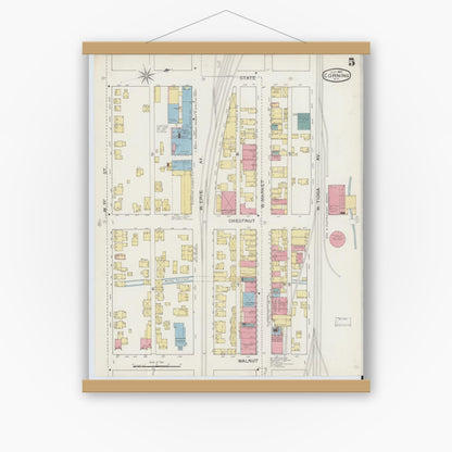 Old map wall art mockup — magnetic wood frame on white wall — Sanborn Fire Insurance Map from Corning, Steuben County, New York (1893), Sheet #0005