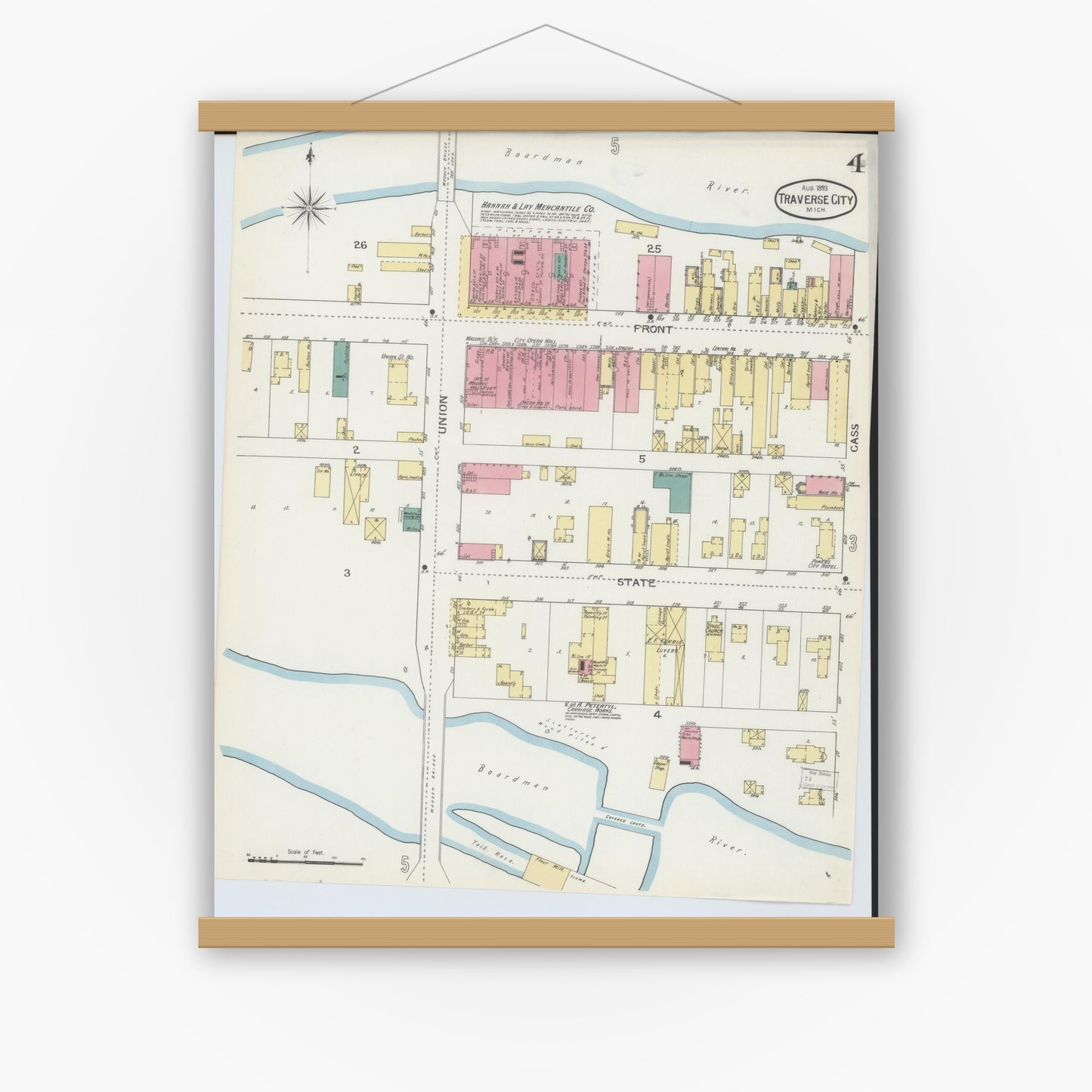 Old map wall art mockup — magnetic wood frame on white wall — Sanborn Fire Insurance Map from Traverse City, Grand Traverse County, Michigan (1893), Sheet #0004
