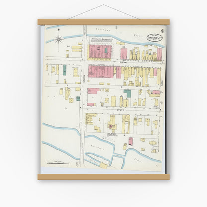 Old map wall art mockup — magnetic wood frame on white wall — Sanborn Fire Insurance Map from Traverse City, Grand Traverse County, Michigan (1893), Sheet #0004