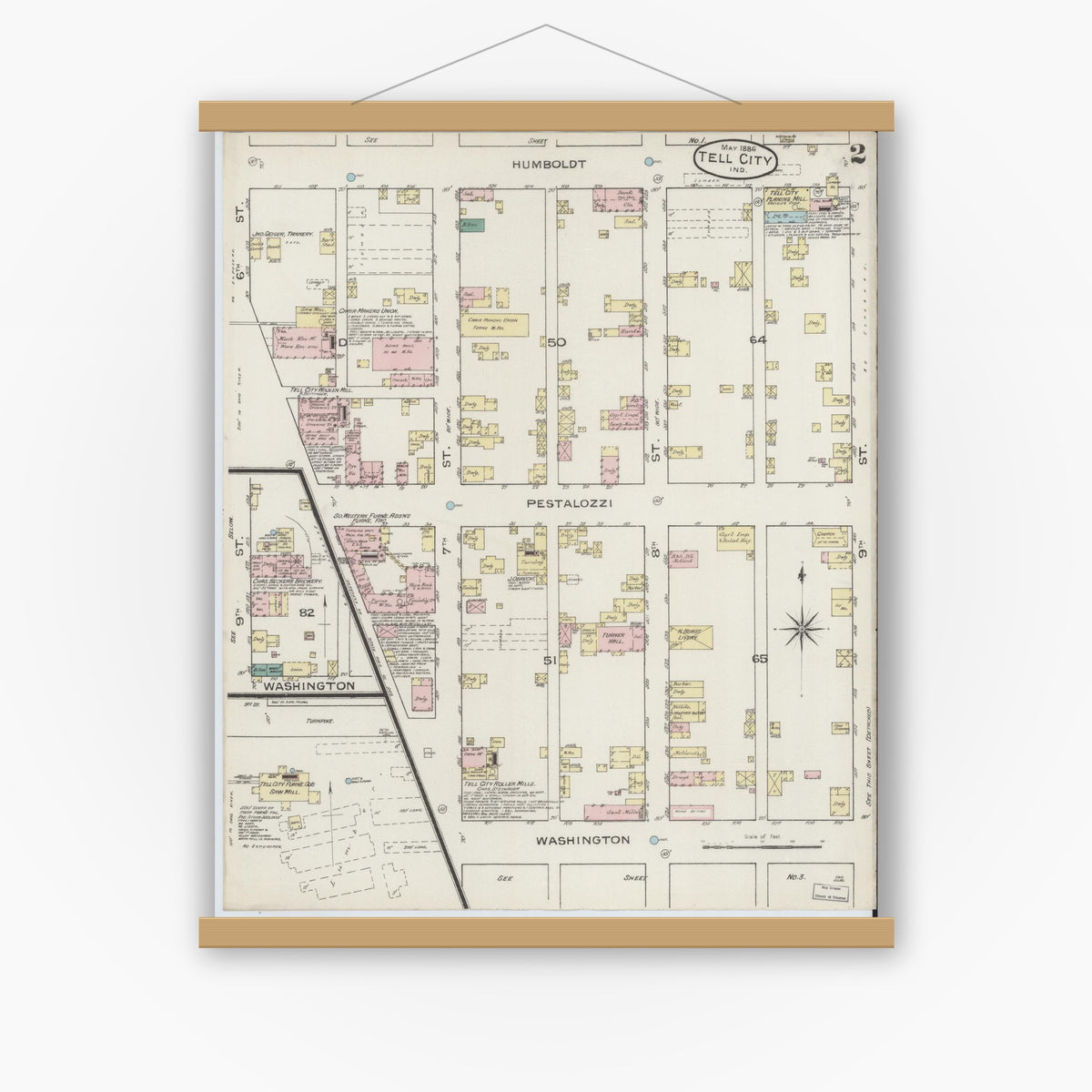 Old map wall art mockup — magnetic wood frame on white wall — Sanborn Fire Insurance Map from Tell City, Perry County, Indiana (1886), Sheet #0002