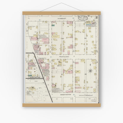 Old map wall art mockup — magnetic wood frame on white wall — Sanborn Fire Insurance Map from Tell City, Perry County, Indiana (1886), Sheet #0002