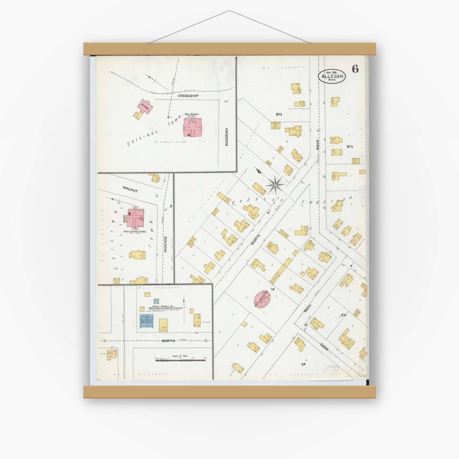Old map wall art mockup — magnetic wood frame on white wall — Sanborn Fire Insurance Map from Allegan, Allegan County, Michigan (1906), Sheet #0006
