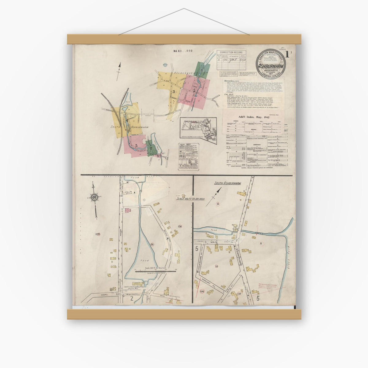 Old map wall art mockup — magnetic wood frame on white wall — Sanborn Fire Insurance Map from Ashburnham, Worcester County, Massachusetts (1942), Sheet #0001