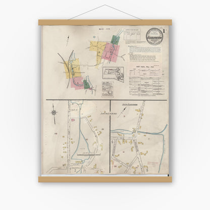 Old map wall art mockup — magnetic wood frame on white wall — Sanborn Fire Insurance Map from Ashburnham, Worcester County, Massachusetts (1942), Sheet #0001