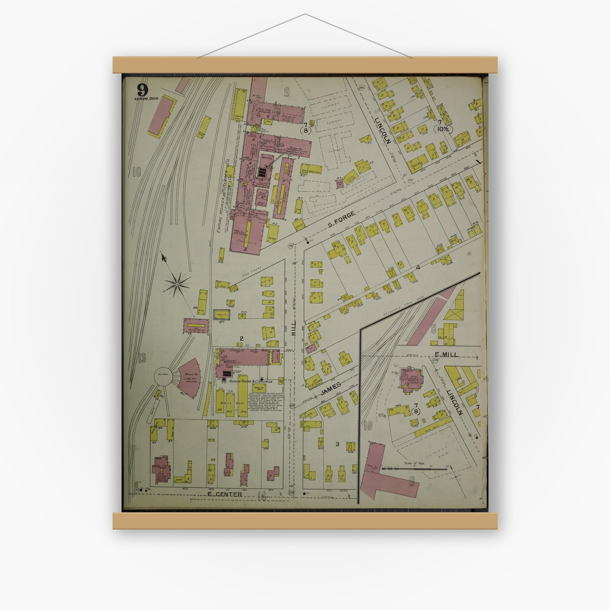 Old map wall art mockup — magnetic wood frame on white wall — Sanborn Fire Insurance Map from Akron, Summit County, Ohio (1892), Sheet #0009