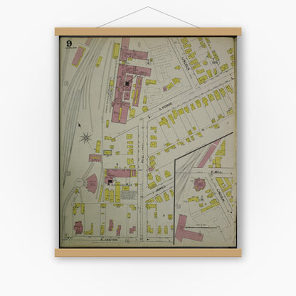 Old map wall art mockup — magnetic wood frame on white wall — Sanborn Fire Insurance Map from Akron, Summit County, Ohio (1892), Sheet #0009
