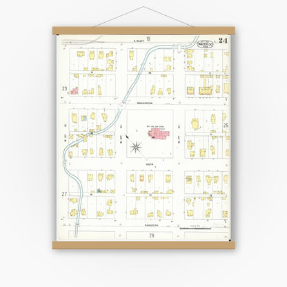 Old map wall art mockup — magnetic wood frame on white wall — Sanborn Fire Insurance Map from Waterloo, Black Hawk County, Iowa (1900), Sheet #0024