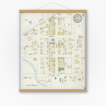Old map wall art mockup — magnetic wood frame on white wall — Sanborn Fire Insurance Map from Brookville, Montgomery County, Ohio (1895), Sheet #0001