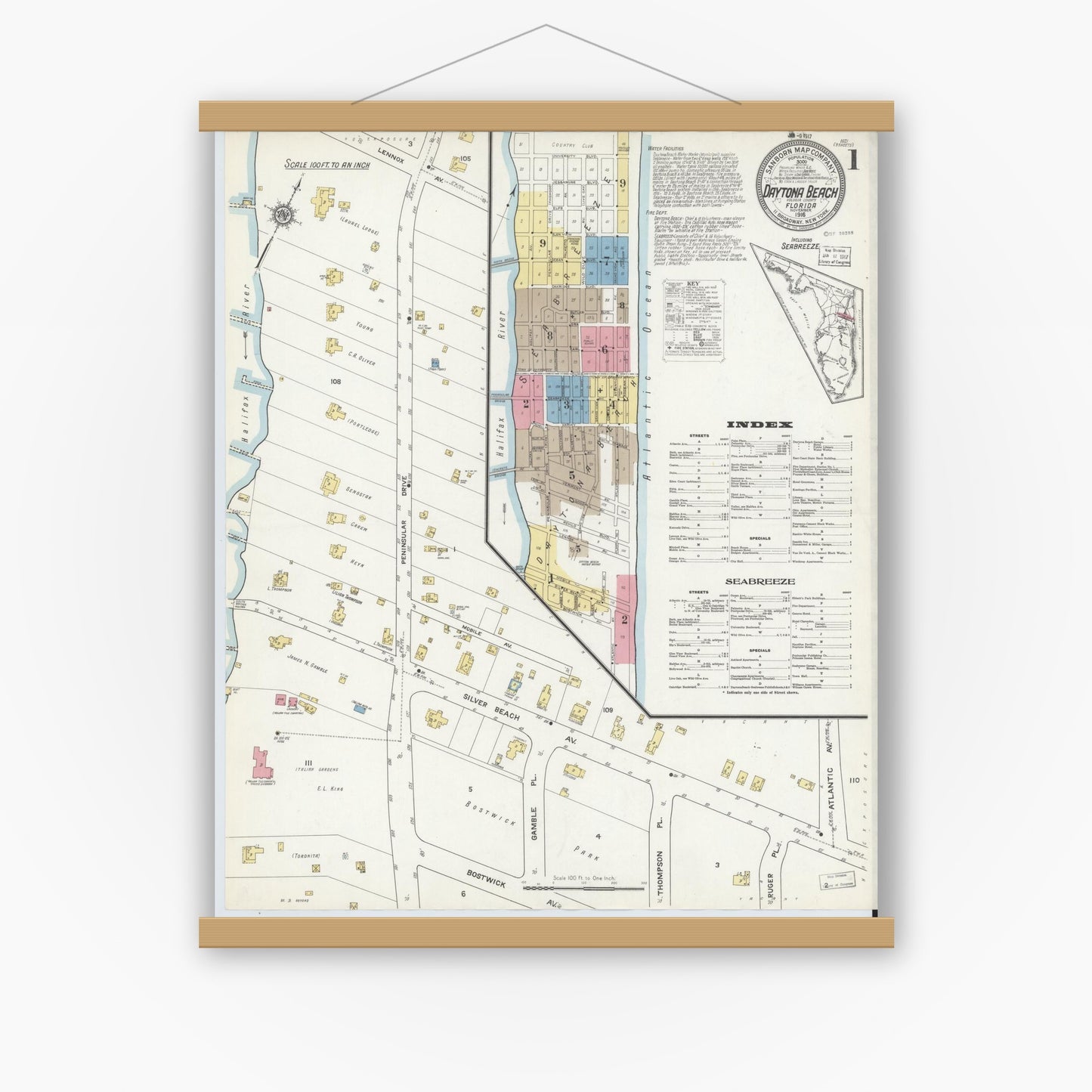 Old map wall art mockup — magnetic wood frame on white wall — Sanborn Fire Insurance Map from Daytona Beach, Volusia County, Florida (1916), Sheet #0001