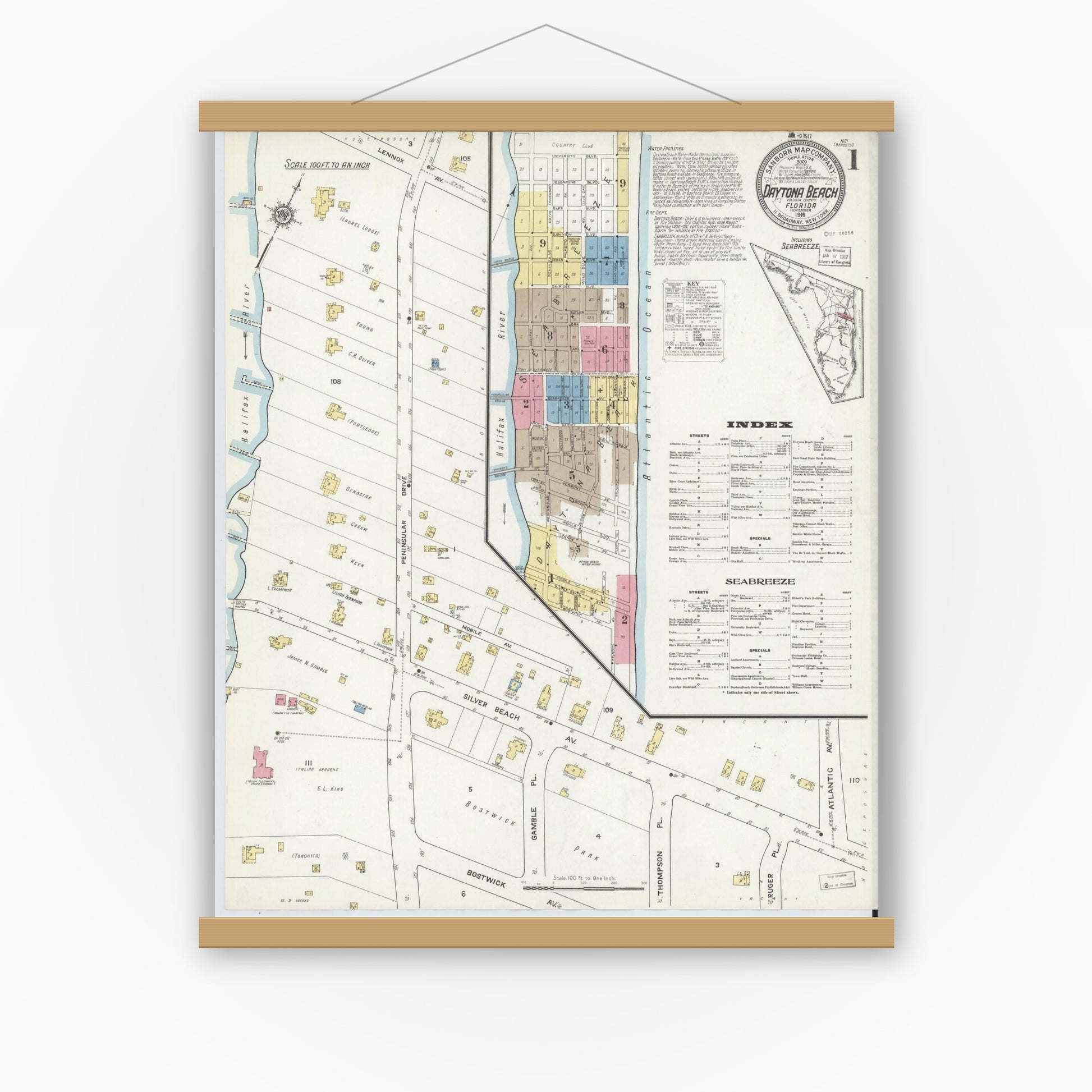 Old map wall art mockup — magnetic wood frame on white wall — Sanborn Fire Insurance Map from Daytona Beach, Volusia County, Florida (1916), Sheet #0001