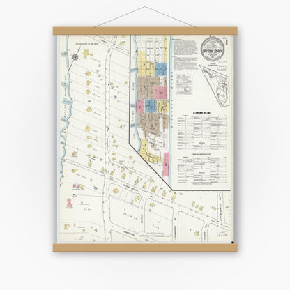 Old map wall art mockup — magnetic wood frame on white wall — Sanborn Fire Insurance Map from Daytona Beach, Volusia County, Florida (1916), Sheet #0001