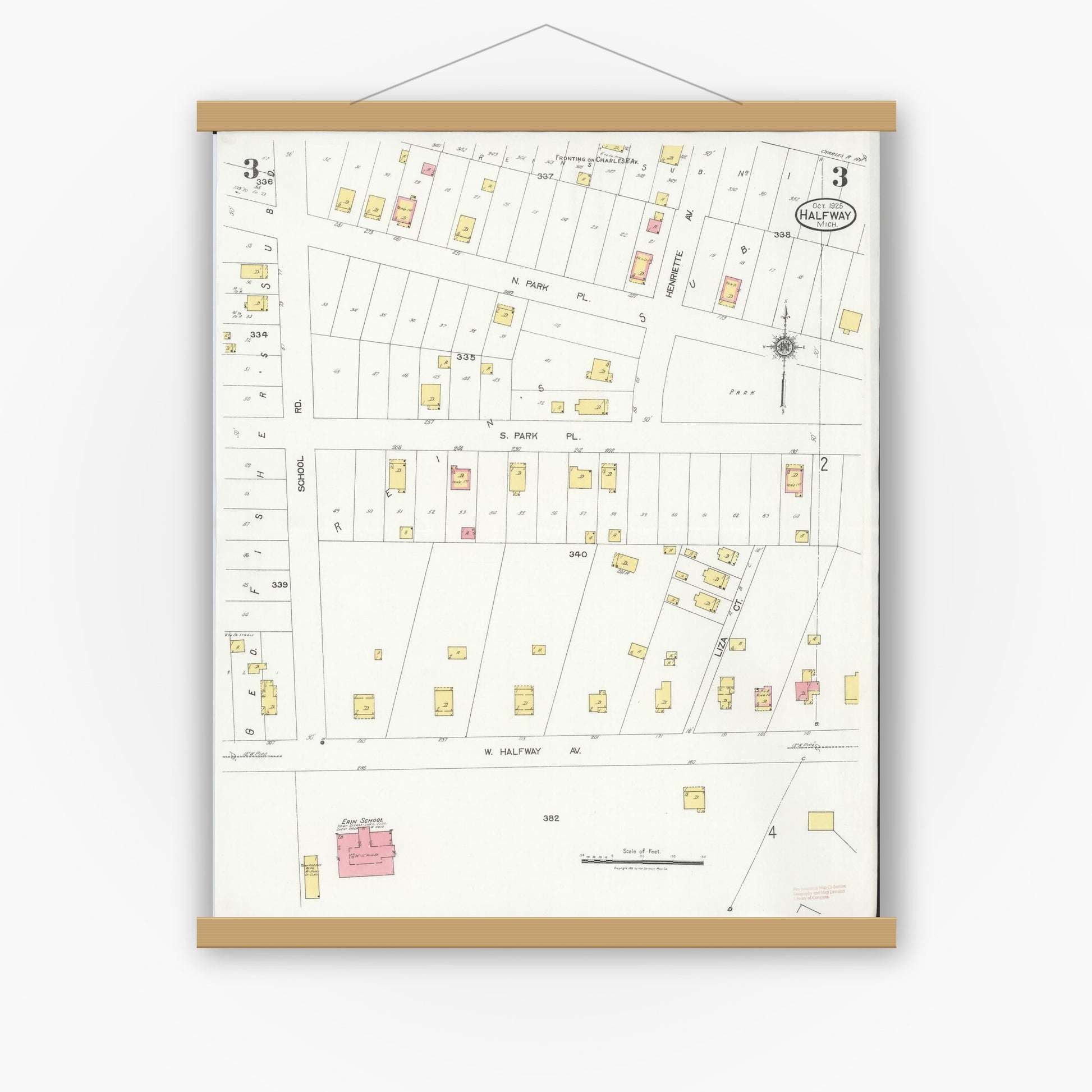 Old map wall art mockup — magnetic wood frame on white wall — Sanborn Fire Insurance Map from Halfway, Macomb County, Michigan (1925), Sheet #0003