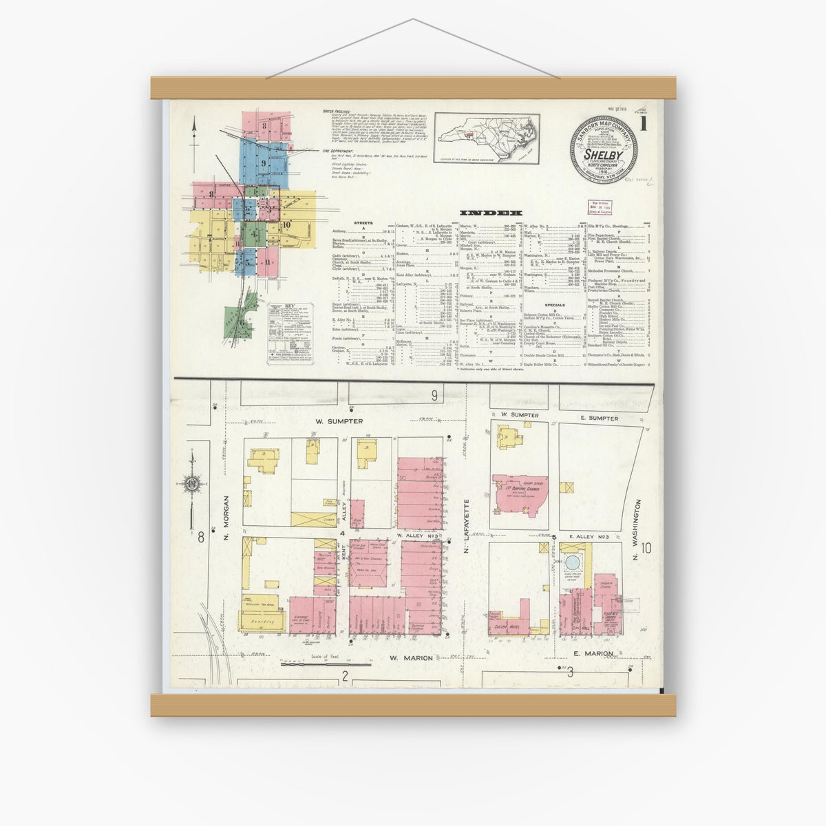 Old map wall art mockup — magnetic wood frame on white wall — Sanborn Fire Insurance Map from Shelby, Cleveland County, North Carolina (1916) - Complete Map Set