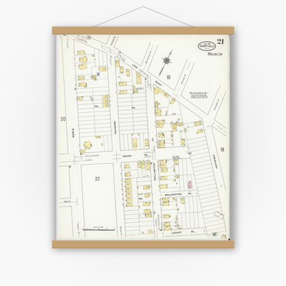 Old map wall art mockup — magnetic wood frame on white wall — Sanborn Fire Insurance Map from Garfield, Bergen County, New Jersey (1910), Sheet #0021