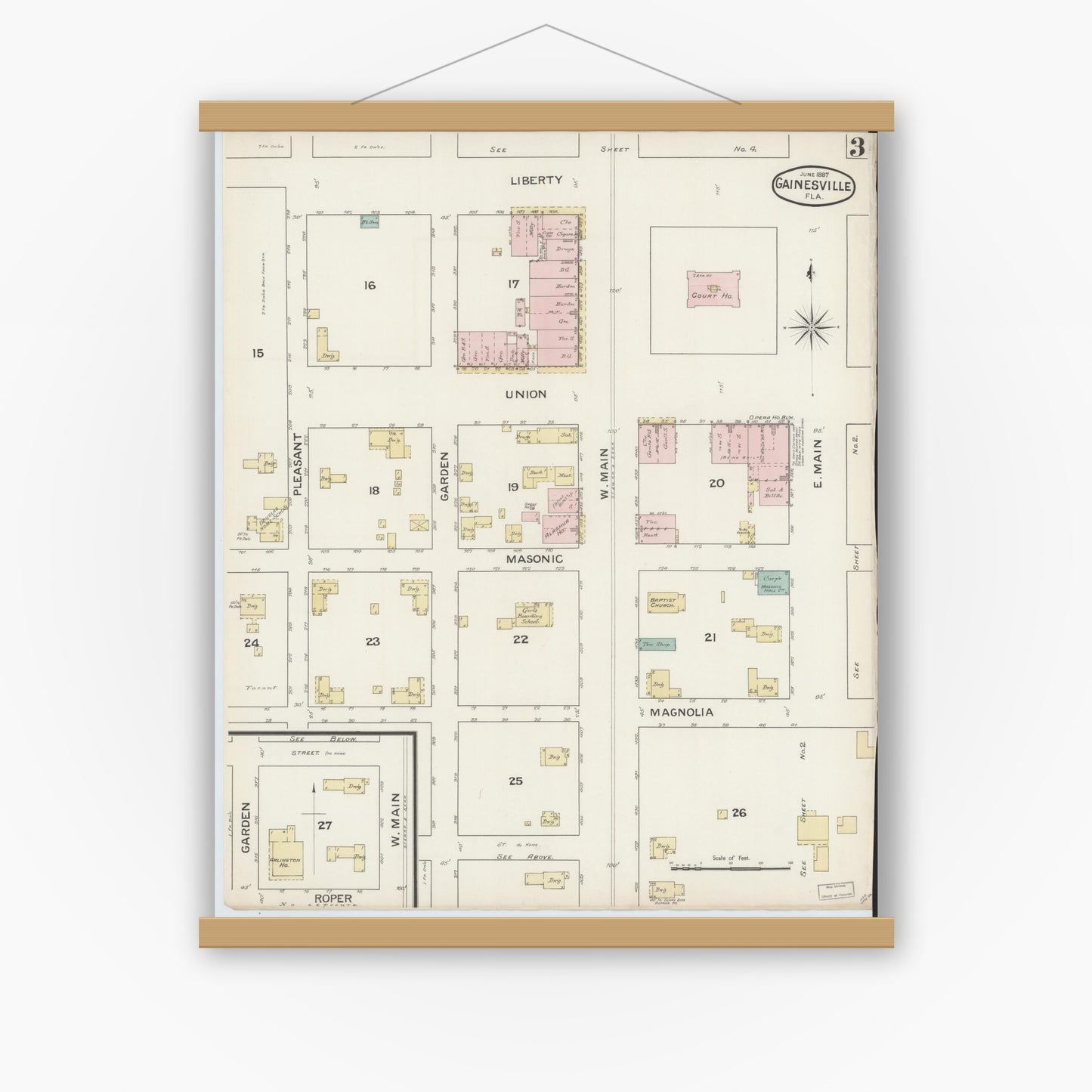 Old map wall art mockup — magnetic wood frame on white wall — Sanborn Fire Insurance Map from Gainesville, Alachua County, Florida (1887), Sheet #0003