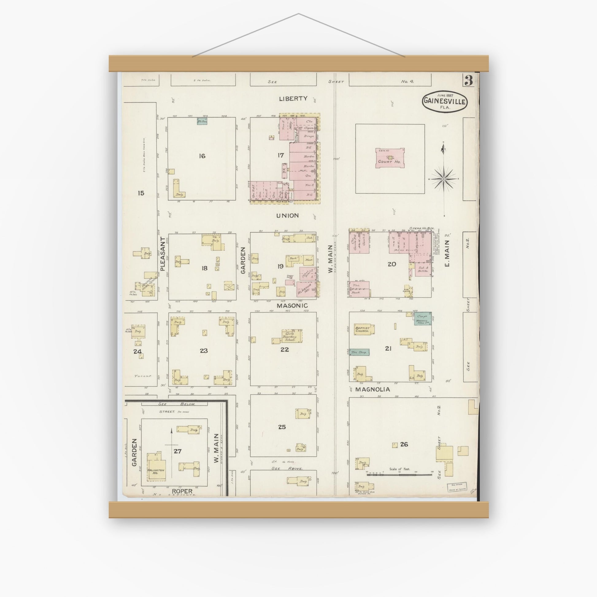 Old map wall art mockup — magnetic wood frame on white wall — Sanborn Fire Insurance Map from Gainesville, Alachua County, Florida (1887), Sheet #0003