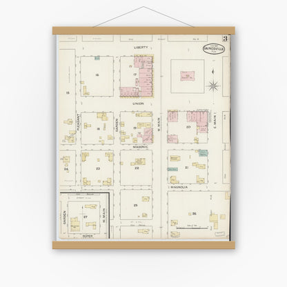 Old map wall art mockup — magnetic wood frame on white wall — Sanborn Fire Insurance Map from Gainesville, Alachua County, Florida (1887), Sheet #0003