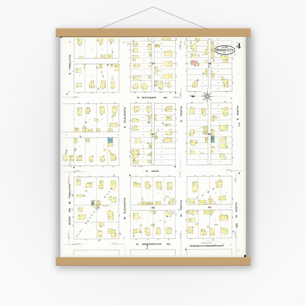 Old map wall art mockup — magnetic wood frame on white wall — Sanborn Fire Insurance Map from Mason City, Cerro Gordo County, Iowa (1909), Sheet #0004