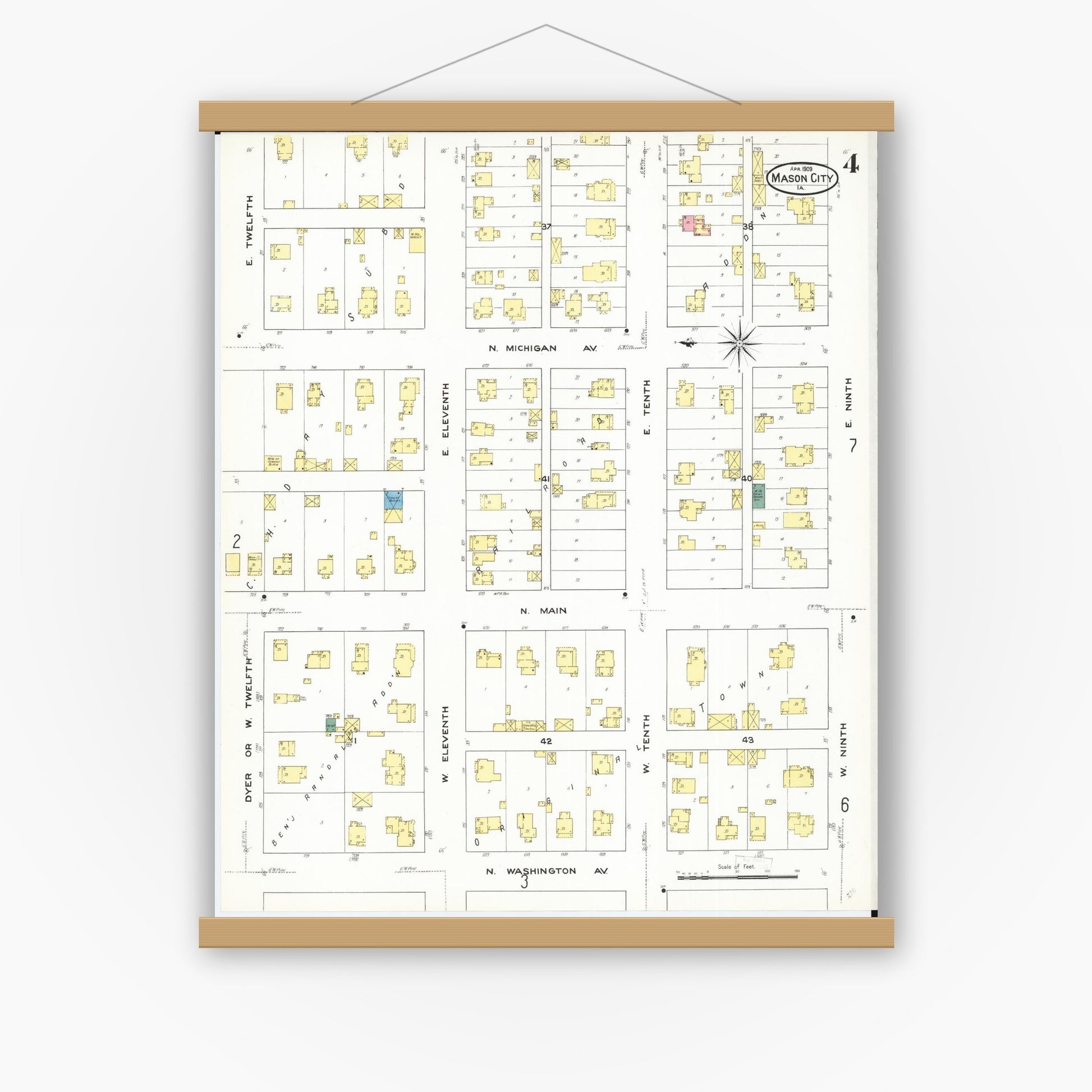 Old map wall art mockup — magnetic wood frame on white wall — Sanborn Fire Insurance Map from Mason City, Cerro Gordo County, Iowa (1909), Sheet #0004