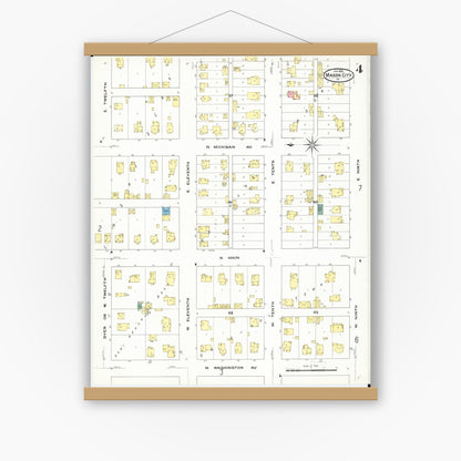 Old map wall art mockup — magnetic wood frame on white wall — Sanborn Fire Insurance Map from Mason City, Cerro Gordo County, Iowa (1909), Sheet #0004