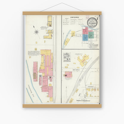 Old map wall art mockup — magnetic wood frame on white wall — Sanborn Fire Insurance Map from Zelienople, Butler County, Pennsylvania (1906) - Complete Map Set