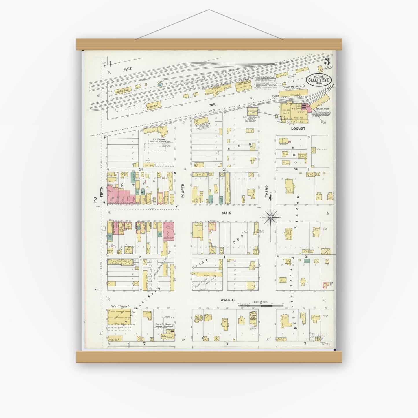 Old map wall art mockup — magnetic wood frame on white wall — Sanborn Fire Insurance Map from Sleepy Eye, Brown County, Minnesota (1899), Sheet #0003