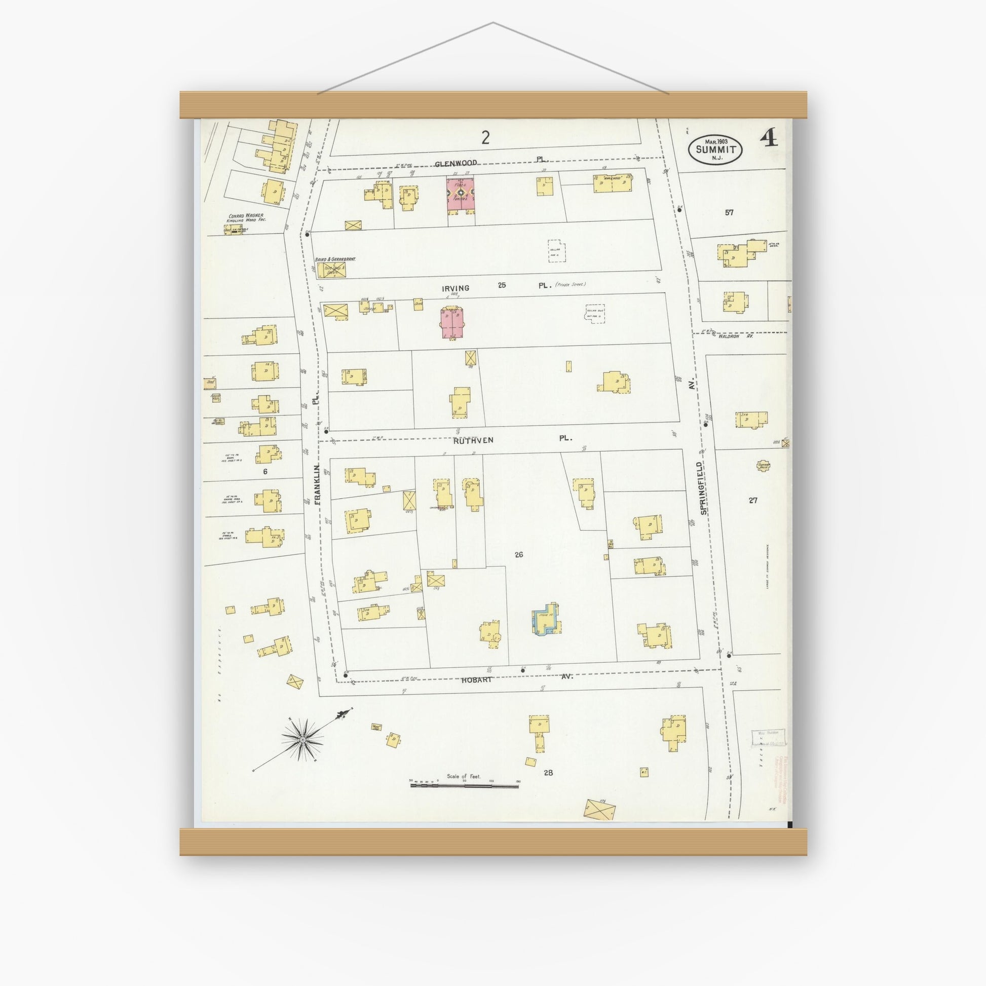 Old map wall art mockup — magnetic wood frame on white wall — Sanborn Fire Insurance Map from Summit, Union County, New Jersey (1903), Sheet #0004