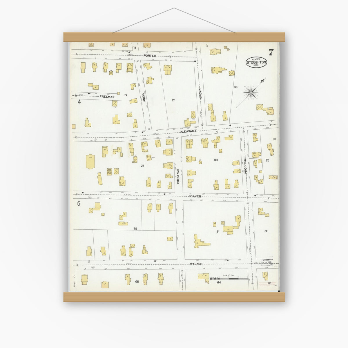 Old map wall art mockup — magnetic wood frame on white wall — Sanborn Fire Insurance Map from Stoughton, Norfolk County, Massachusetts (1901), Sheet #0007