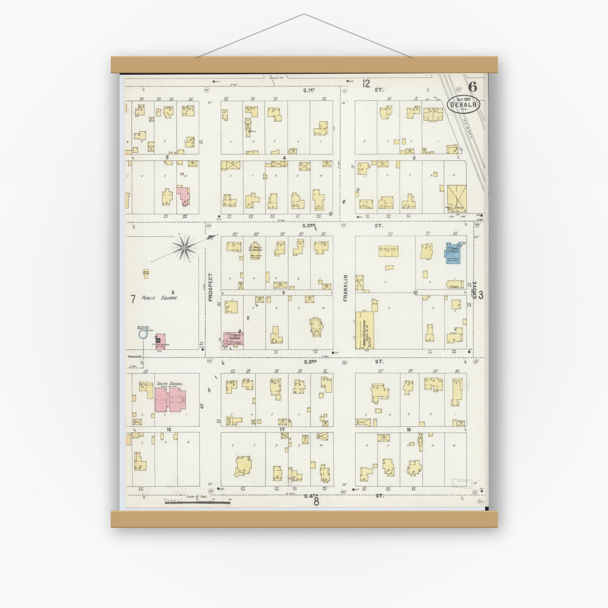 Old map wall art mockup — magnetic wood frame on white wall — Sanborn Fire Insurance Map from De Kalb, De Kalb County, Illinois (1897), Sheet #0006