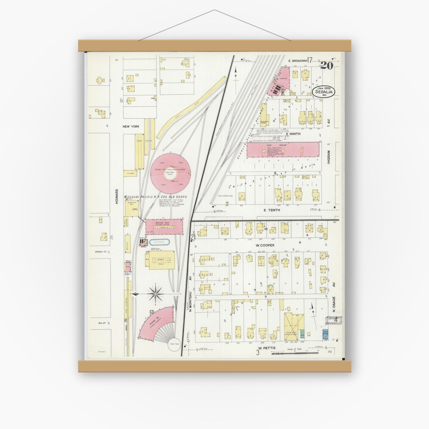 Old map wall art mockup — magnetic wood frame on white wall — Sanborn Fire Insurance Map from Sedalia, Pettis County, Missouri (1908), Sheet #0020