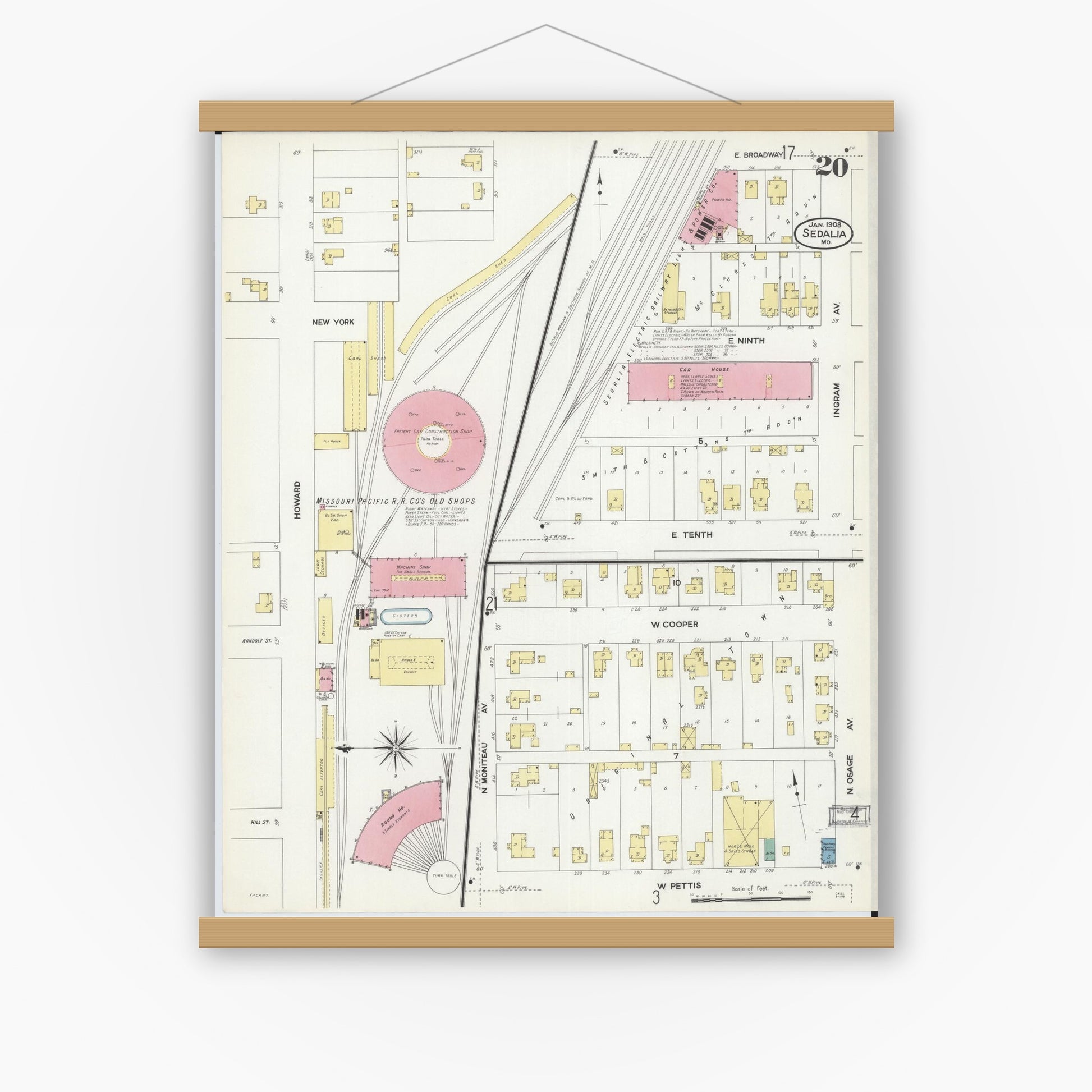 Old map wall art mockup — magnetic wood frame on white wall — Sanborn Fire Insurance Map from Sedalia, Pettis County, Missouri (1908), Sheet #0020