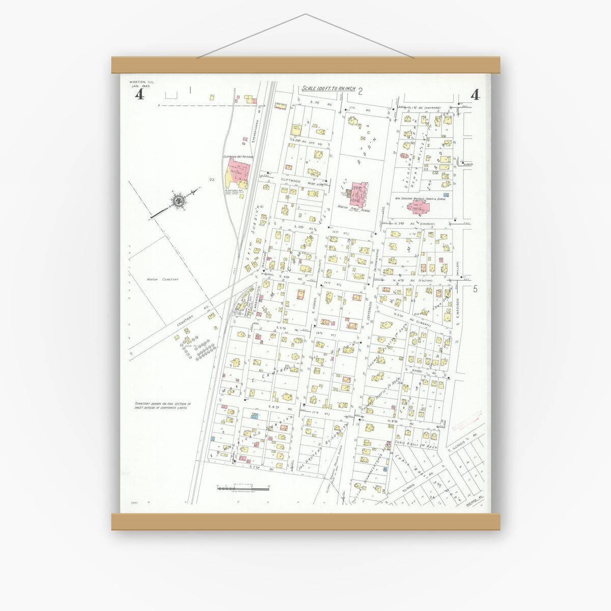 Old map wall art mockup — magnetic wood frame on white wall — Sanborn Fire Insurance Map from Morton, Tazewell County, Illinois (1940), Sheet #0004
