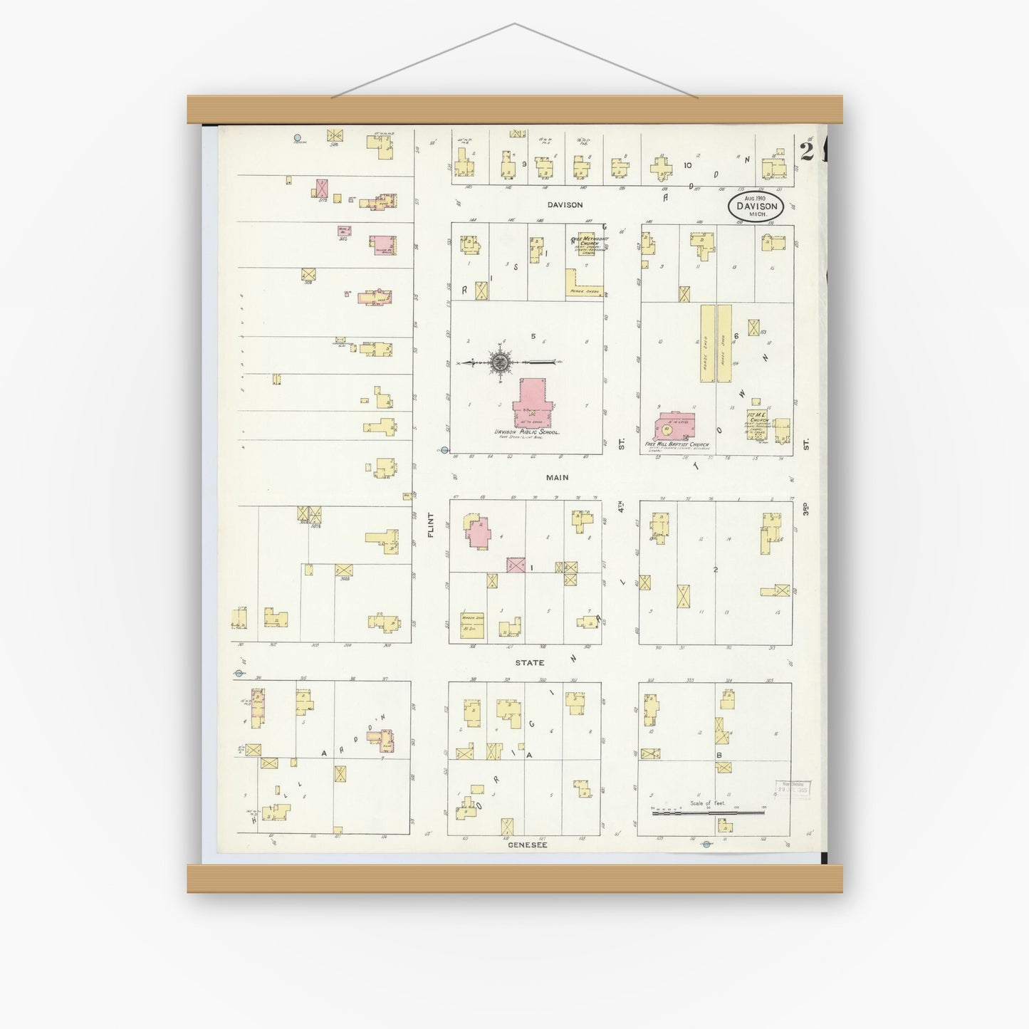 Old map wall art mockup — magnetic wood frame on white wall — Sanborn Fire Insurance Map from Davison, Genesee County, Michigan (1910), Sheet #0002