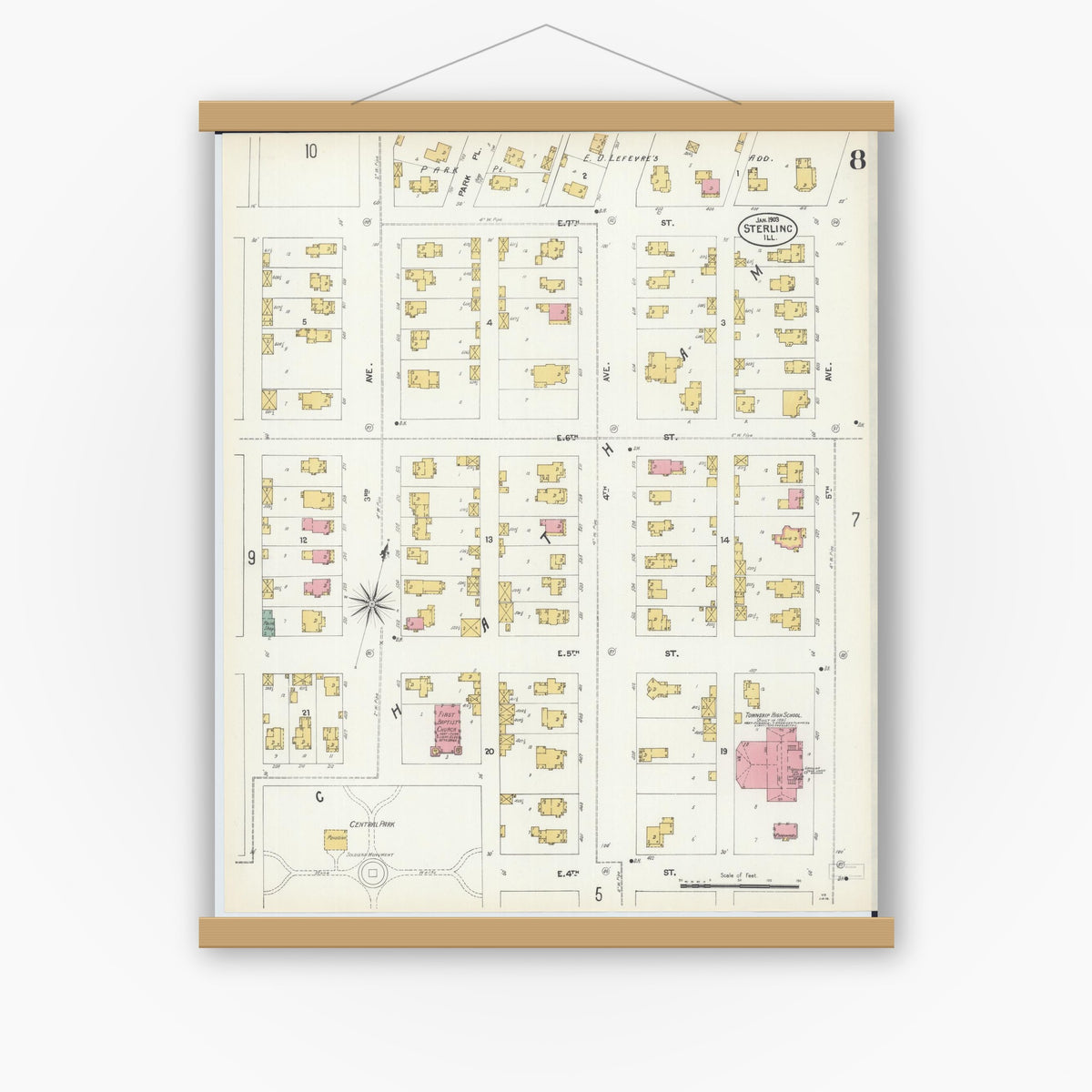 Old map wall art mockup — magnetic wood frame on white wall — Sanborn Fire Insurance Map from Sterling, Whiteside County, Illinois (1903), Sheet #0008