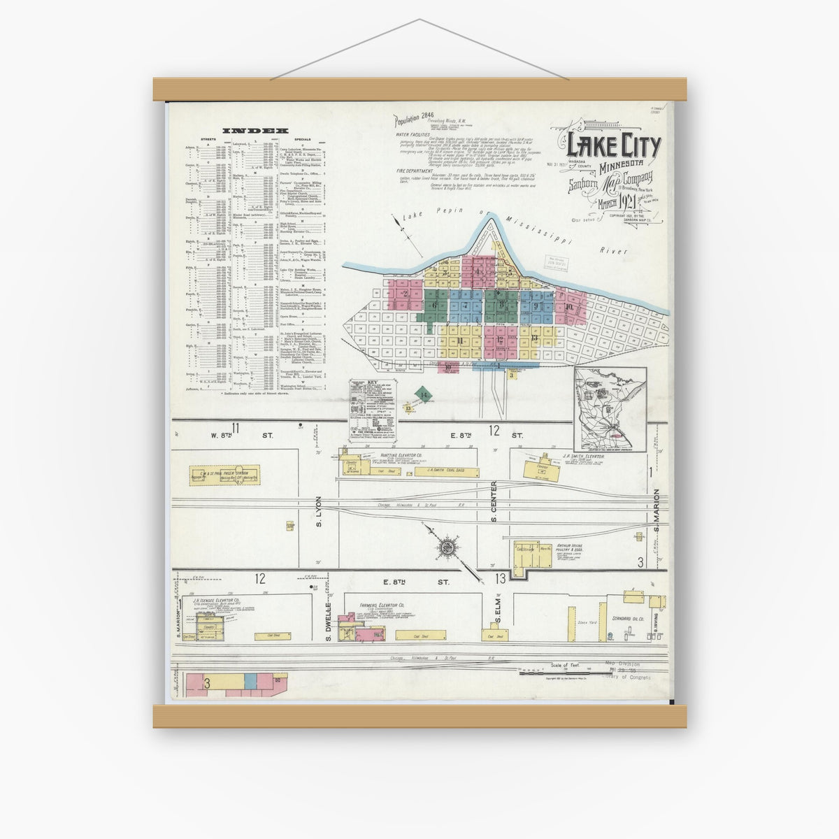 Old map wall art mockup — magnetic wood frame on white wall — Sanborn Fire Insurance Map from Lake City, Wabasha County, Minnesota (1921) - Complete Map Set