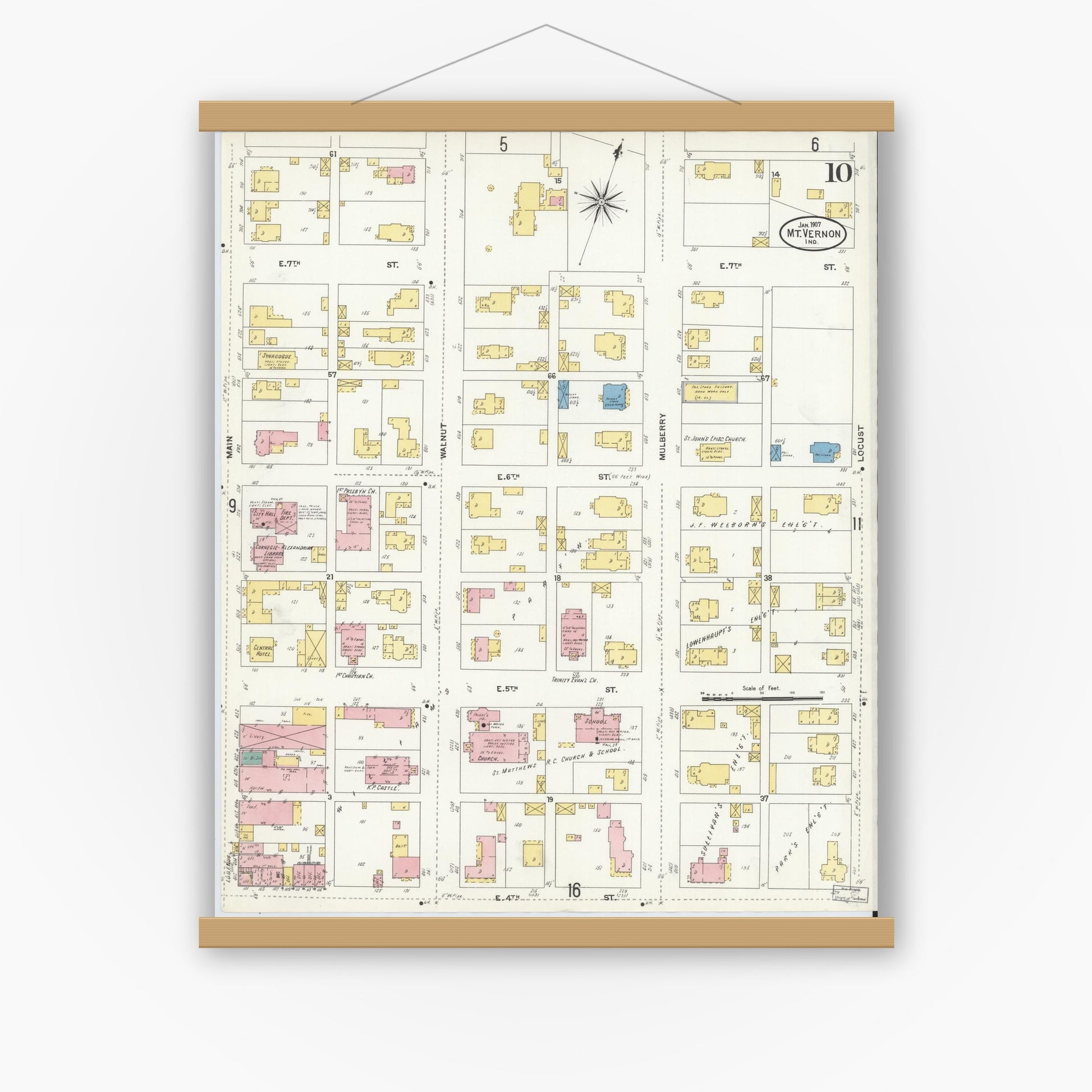 Old map wall art mockup — magnetic wood frame on white wall — Sanborn Fire Insurance Map from Mount Vernon, Posey County, Indiana (1907), Sheet #0010