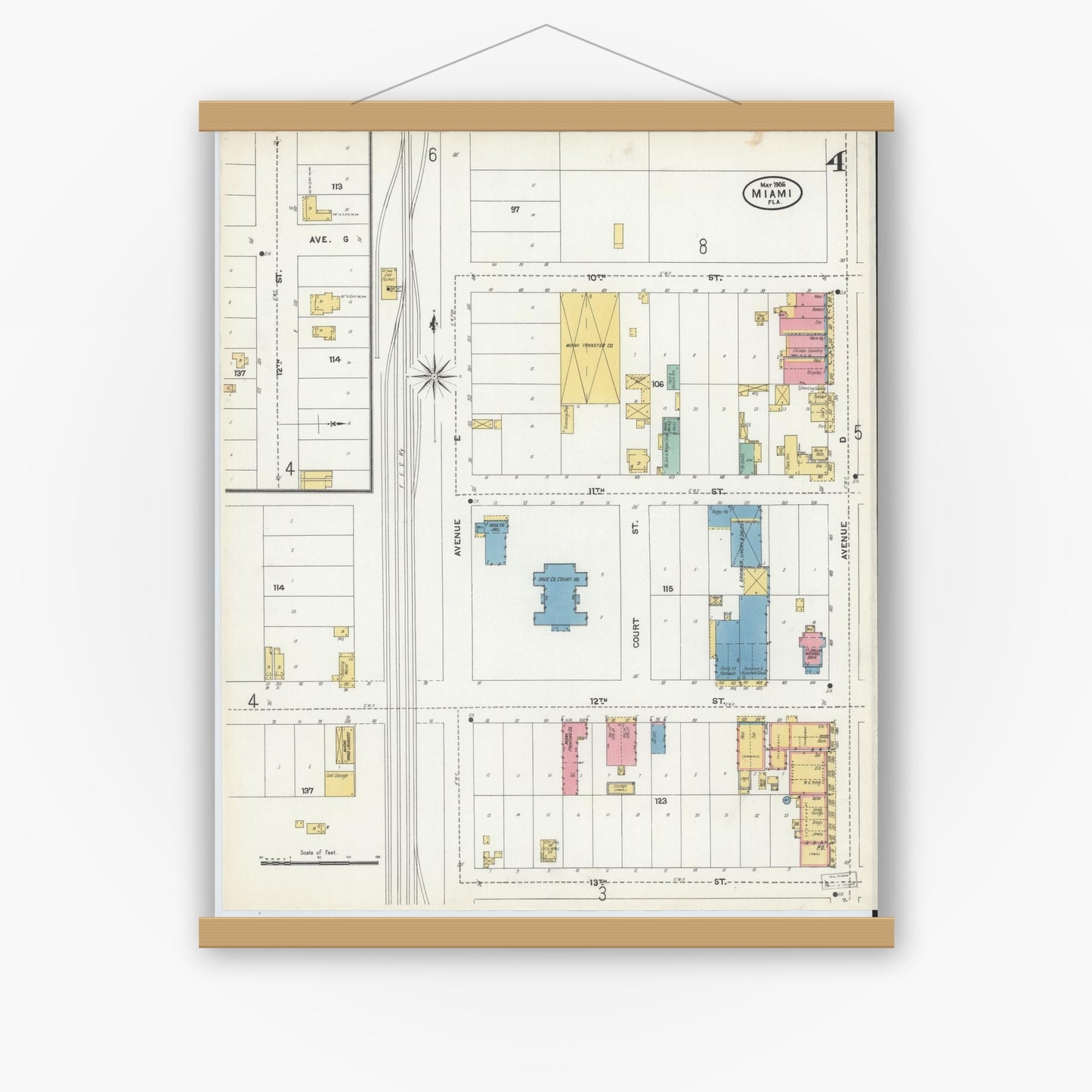 Old map wall art mockup — magnetic wood frame on white wall — Sanborn Fire Insurance Map from Miami, Dade County, Florida (1906), Sheet #0004