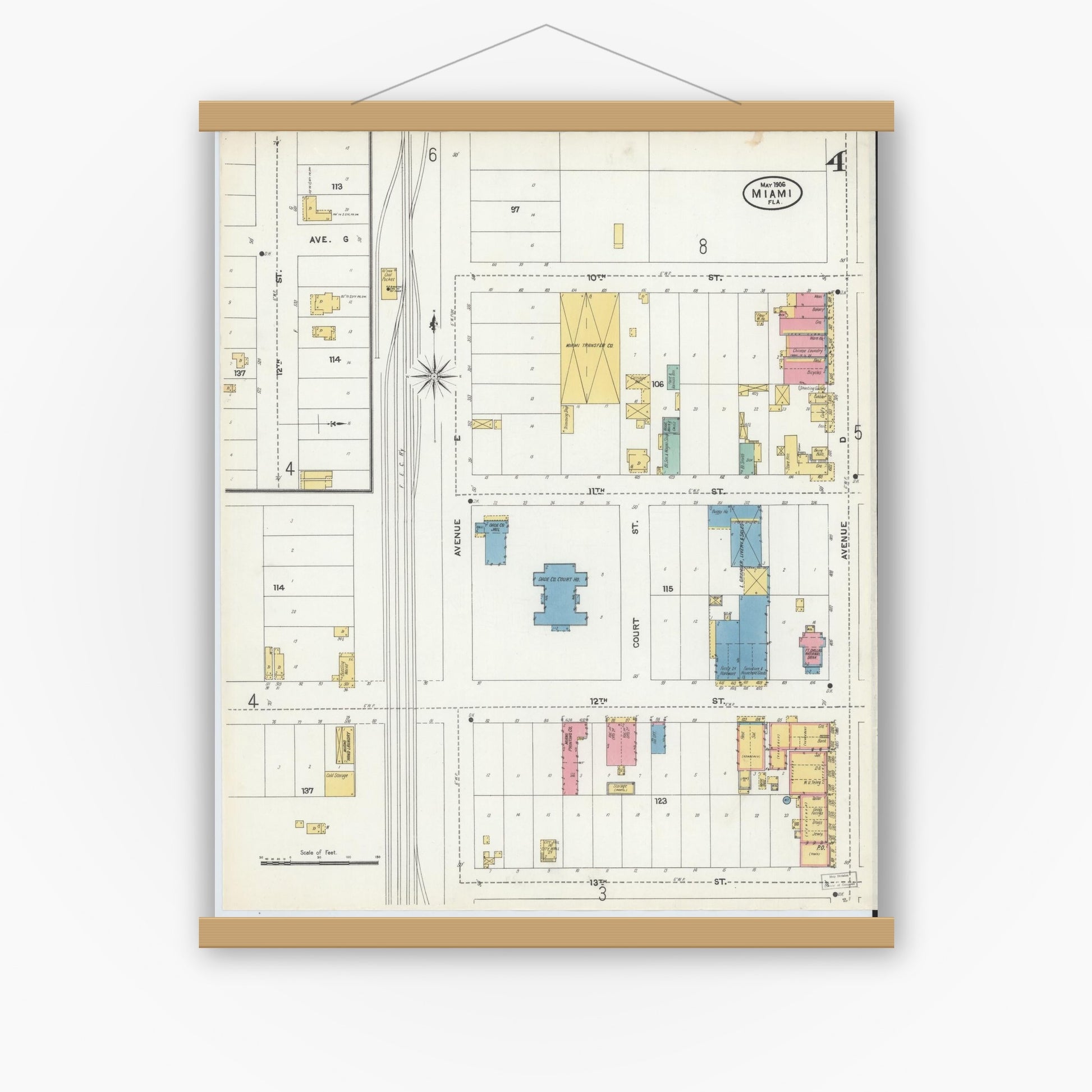Old map wall art mockup — magnetic wood frame on white wall — Sanborn Fire Insurance Map from Miami, Dade County, Florida (1906), Sheet #0004