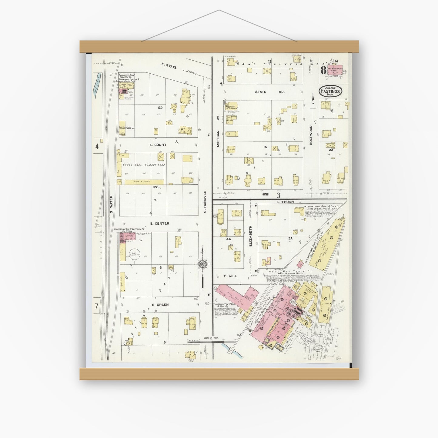 Old map wall art mockup — magnetic wood frame on white wall — Sanborn Fire Insurance Map from Hastings, Barry County, Michigan (1909), Sheet #0008