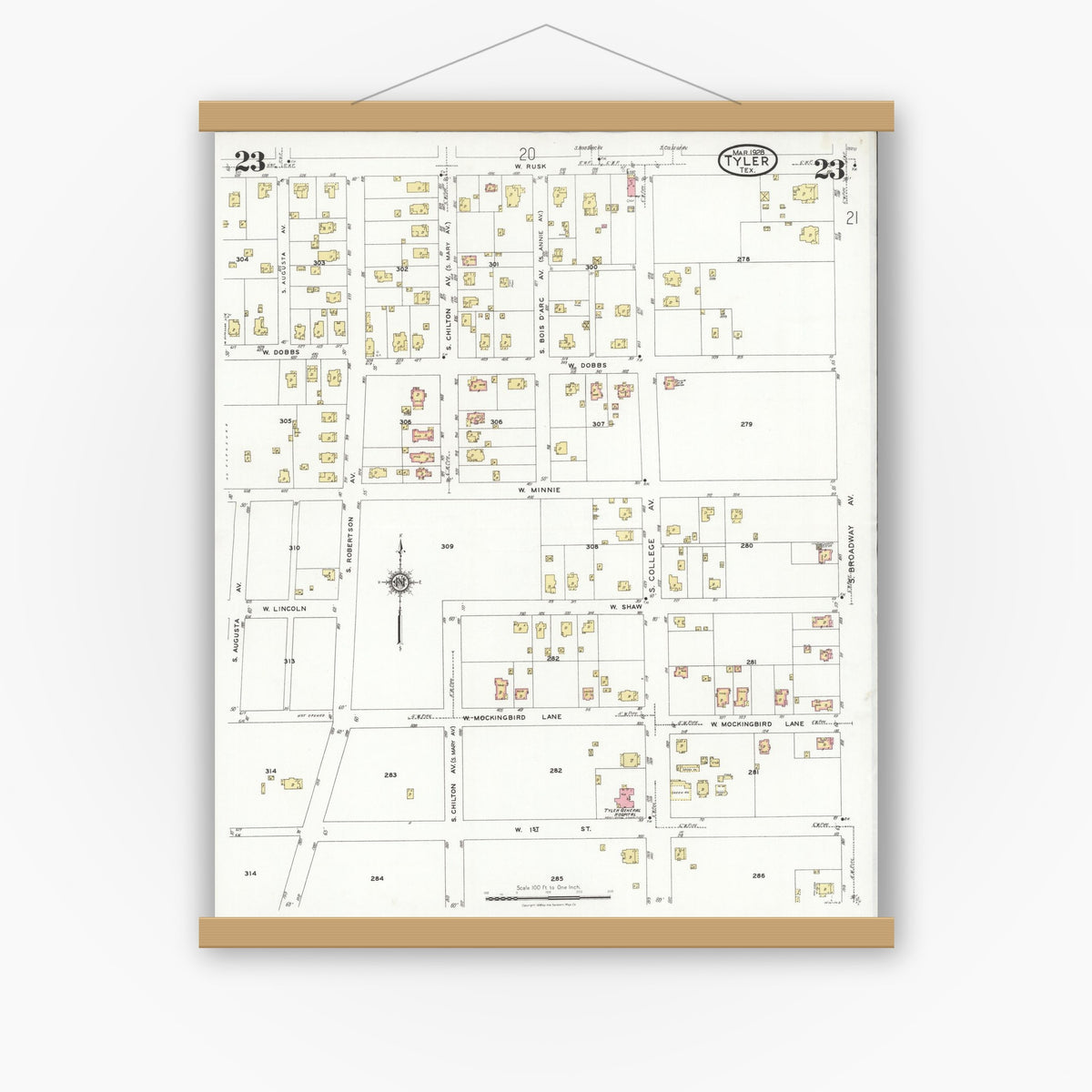 Old map wall art mockup — magnetic wood frame on white wall — Sanborn Fire Insurance Map from Tyler, Smith County, Texas (1928), Sheet #0023