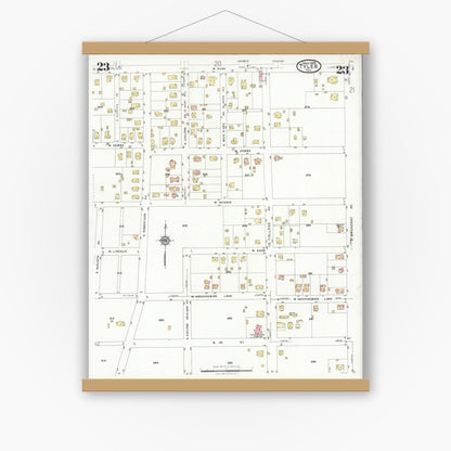 Old map wall art mockup — magnetic wood frame on white wall — Sanborn Fire Insurance Map from Tyler, Smith County, Texas (1928), Sheet #0023