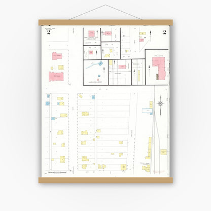 Old map wall art mockup — magnetic wood frame on white wall — Sanborn Fire Insurance Map from Milford, Dickinson County, Iowa (1932), Sheet #0002