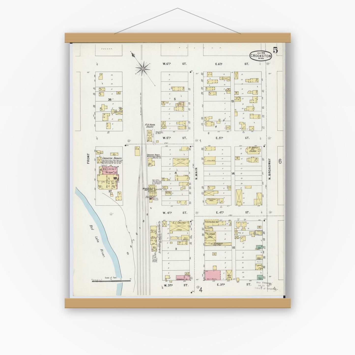 Old map wall art mockup — magnetic wood frame on white wall — Sanborn Fire Insurance Map from Crookston, Polk County, Minnesota (1896), Sheet #0005