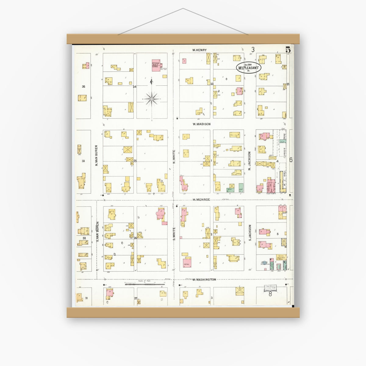 Old map wall art mockup — magnetic wood frame on white wall — Sanborn Fire Insurance Map from Mount Pleasant, Henry County, Iowa (1899), Sheet #0005