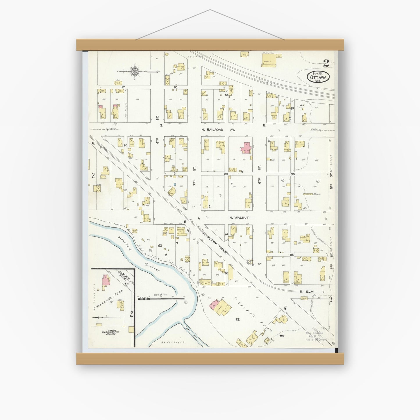 Old map wall art mockup — magnetic wood frame on white wall — Sanborn Fire Insurance Map from Ottawa, Putnam County, Ohio (1911), Sheet #0002